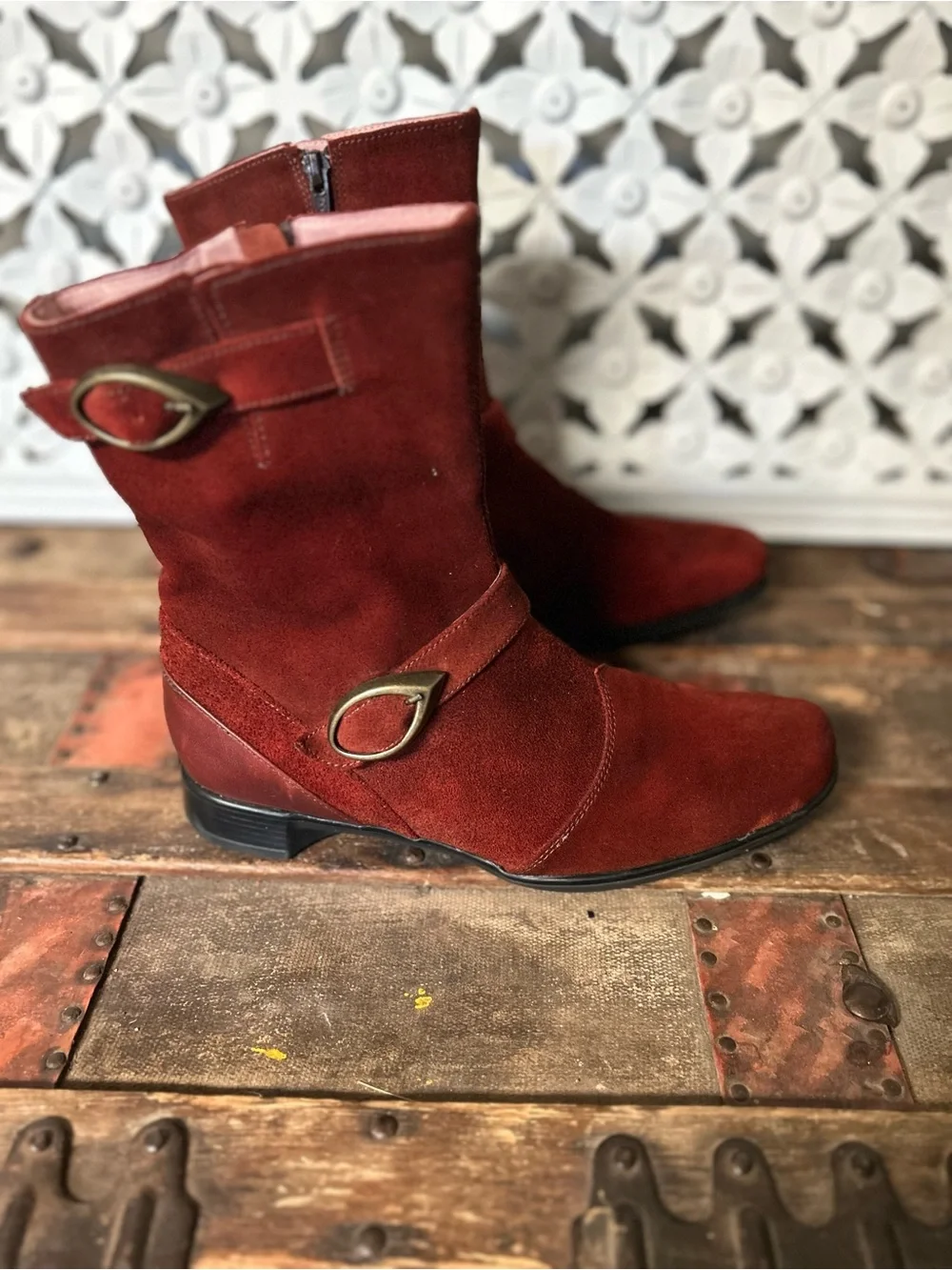 Naot Red Suede Ankle Boots Square Toe Comfort Booties Size 8.5